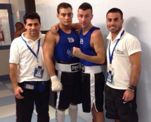 I pugili Rocco Miraglia (75 kg) e Filippo Piantanida (60 kg) con i tecnici Domenico Virton e Giuseppe Virton ai Campionati Regionali Senior 2014
